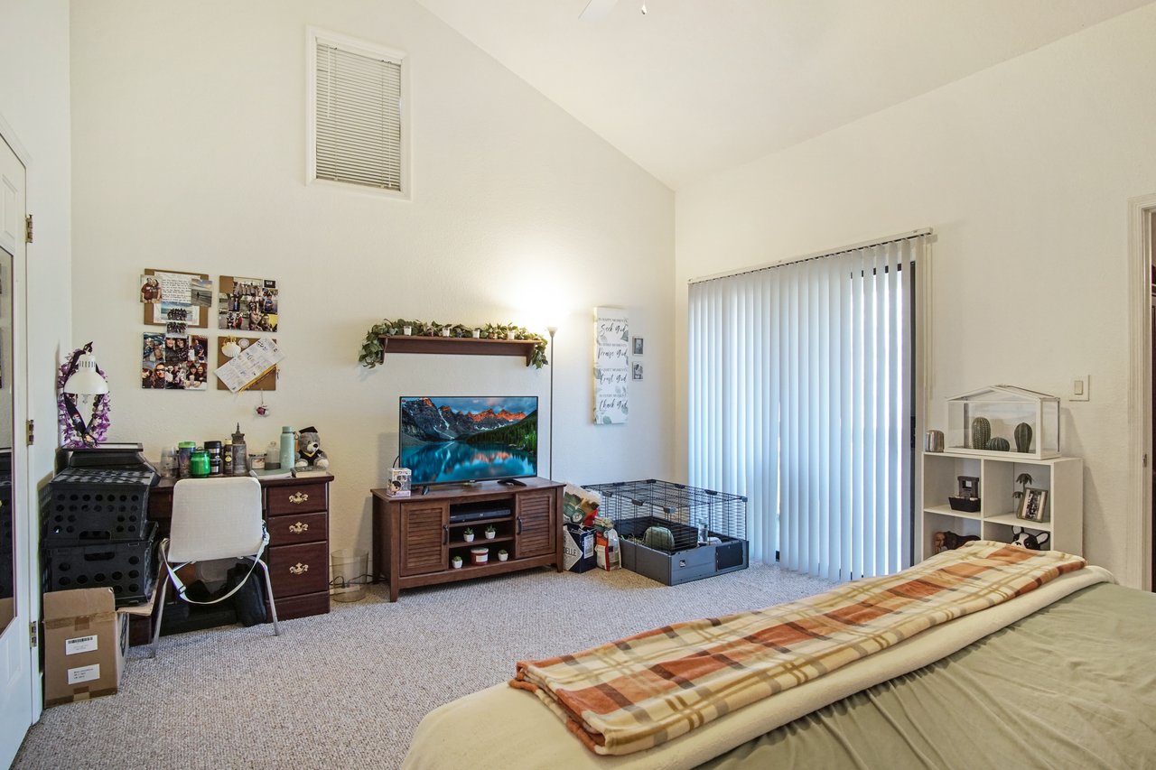 A cozy bedroom with a high ceiling, featuring a bed with a plaid throw, a TV on a wooden stand, a desk, and a pet cage. Soft lighting and decor add warmth.