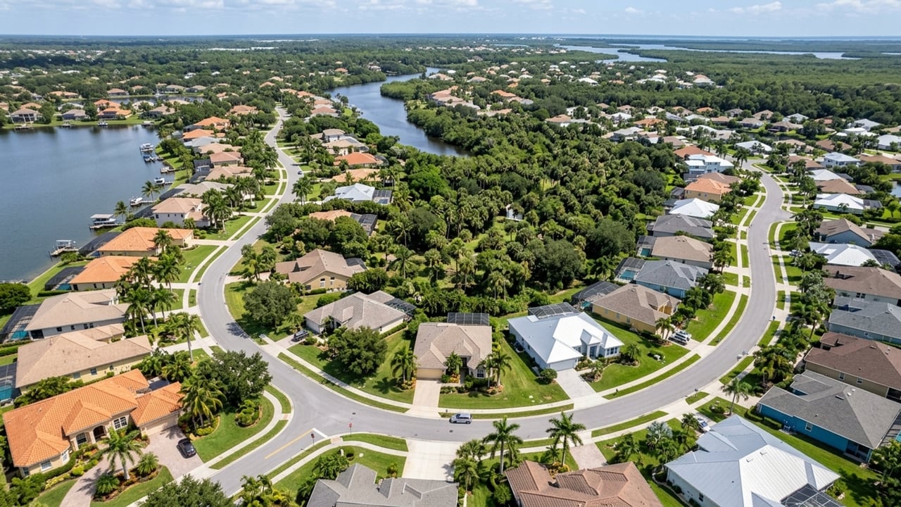 Aerial view of a residential neighborhood with winding canals, tree-lined streets, and closely spaced homes.