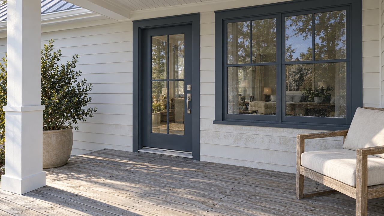 Sunlit covered porch with pale lap siding, a blue-gray glazed door, silvered wood decking and a weathered teak chair.