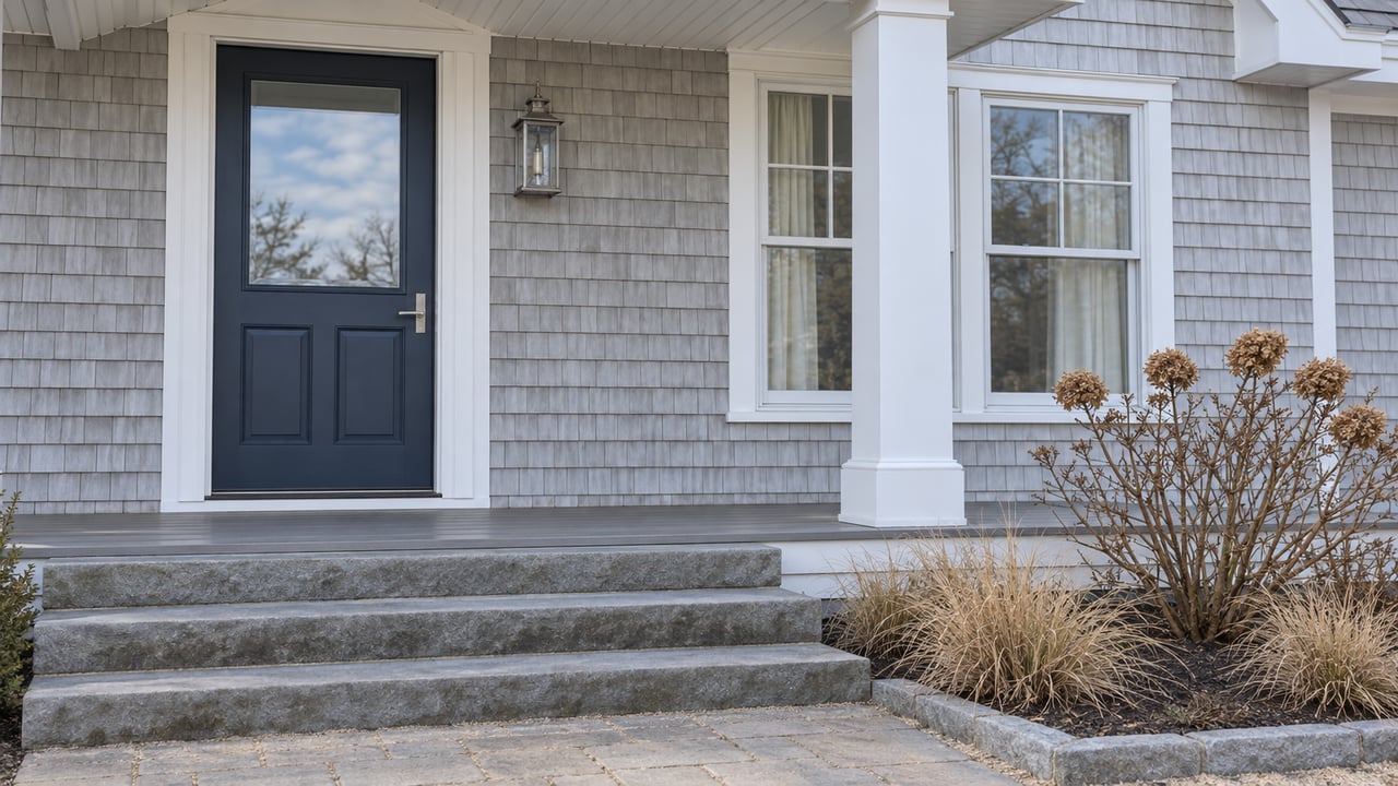 Light gray shingled home with a navy front door, covered porch, bluestone steps and dormant winter planting.