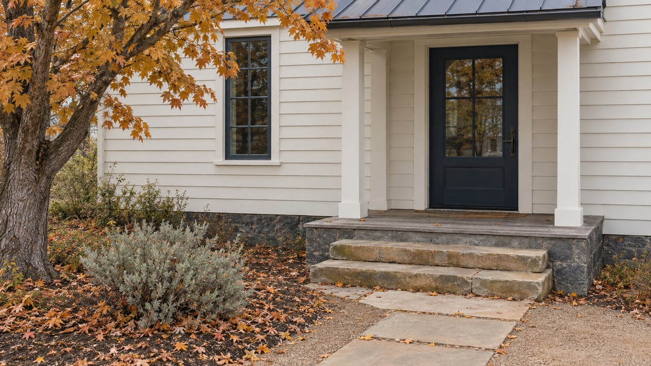 Cream-sided house entry with a dark blue glazed door, sandstone steps, and amber maple leaves.