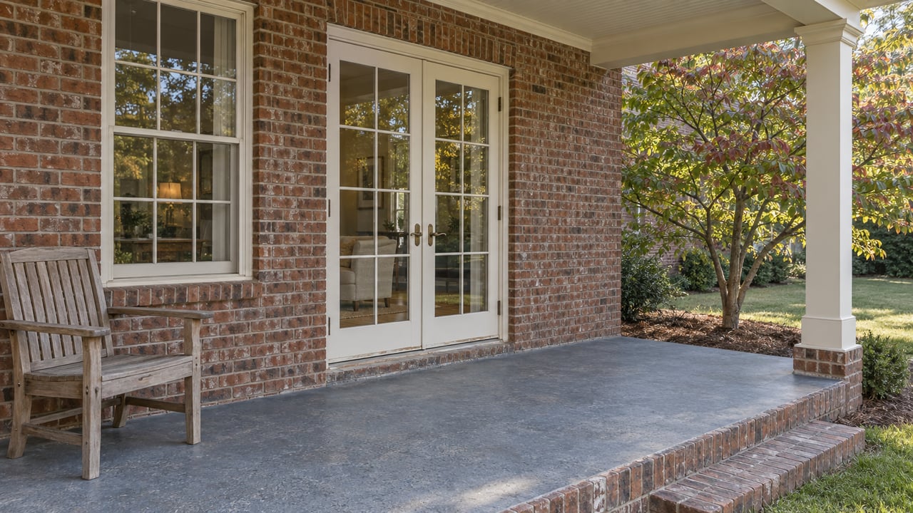Brick home's covered porch with cream French doors, a teak chair, and a dogwood beside a brick-edged step.