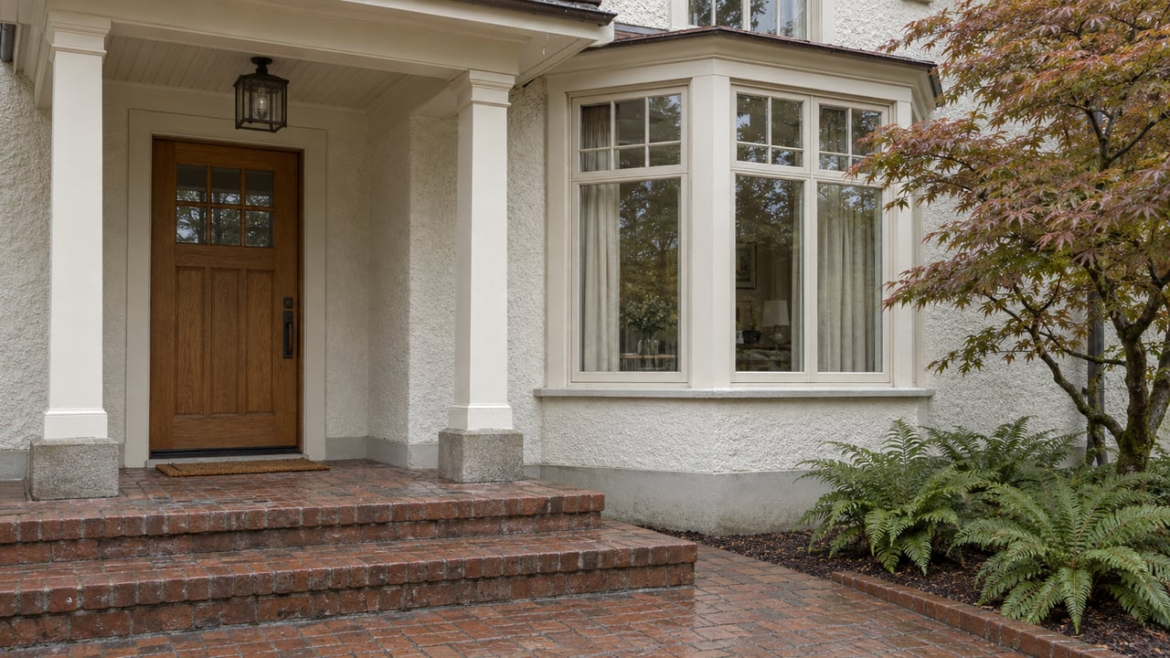 Rain-damp brick steps lead to a sheltered oak front door beside a cream-painted bay window, with a Japanese maple and wood ferns at the edge.