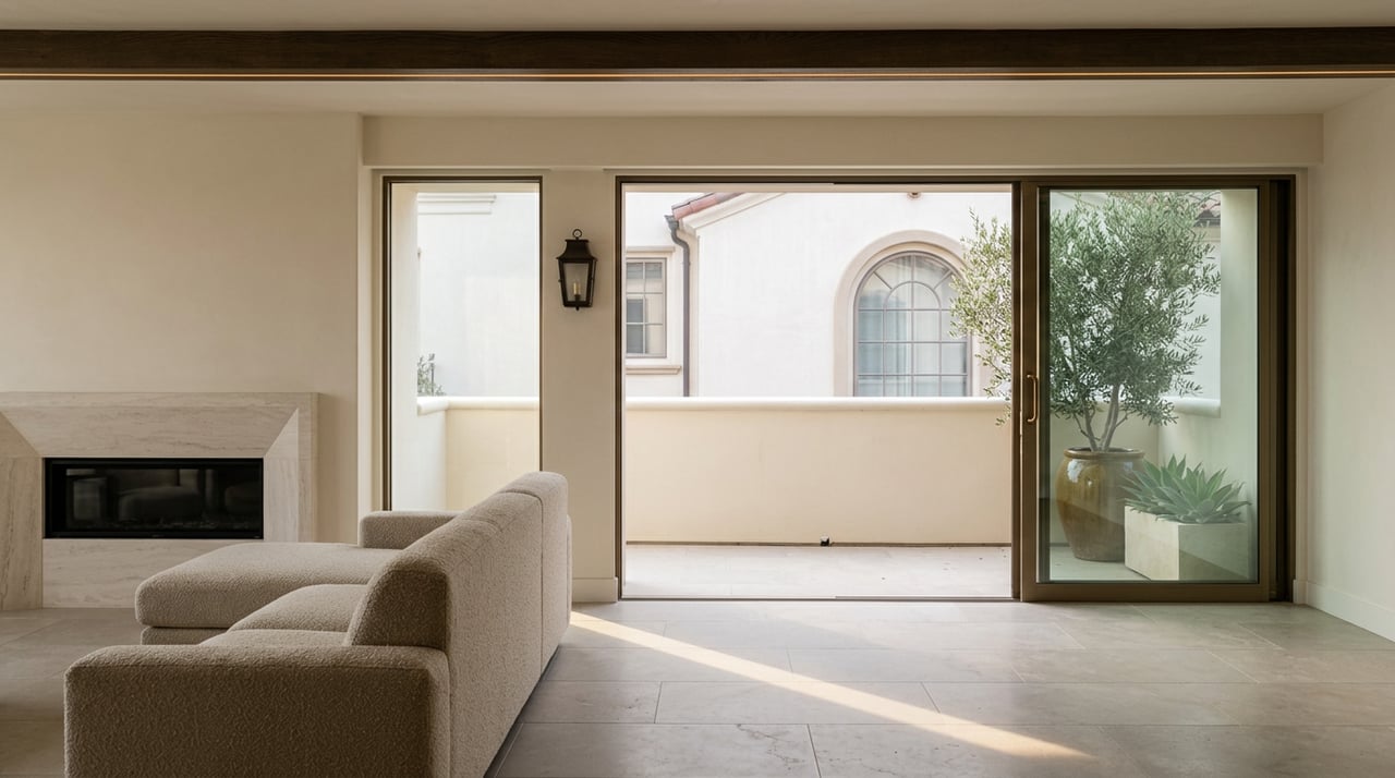 Condominium living room with a stone fireplace, limestone floor, and balcony olive tree beyond the glass wall.