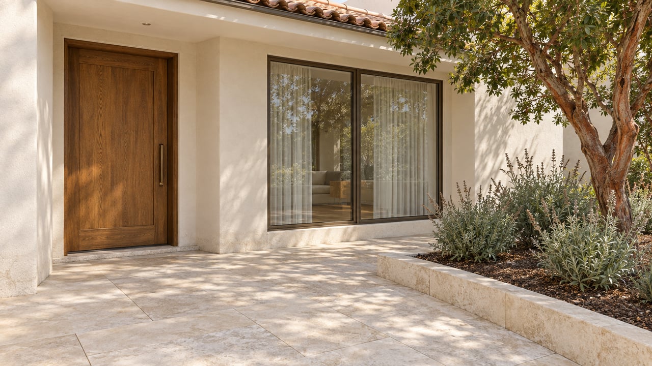 Sunlit stucco home entrance with an oak door, bronze-framed window, limestone terrace and a strawberry tree in a raised planting bed.