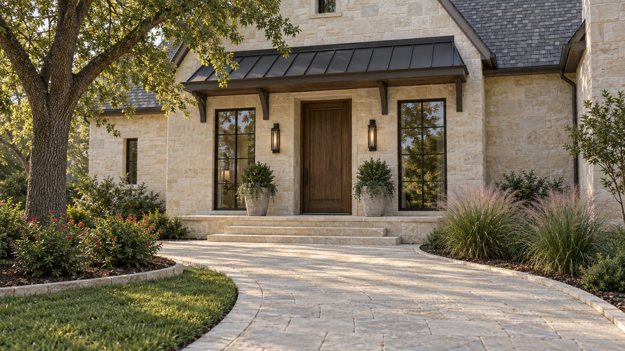 Limestone entry wing with a gray-shingled gable, recessed oak door, bronze-framed windows, and curving paver approach.
