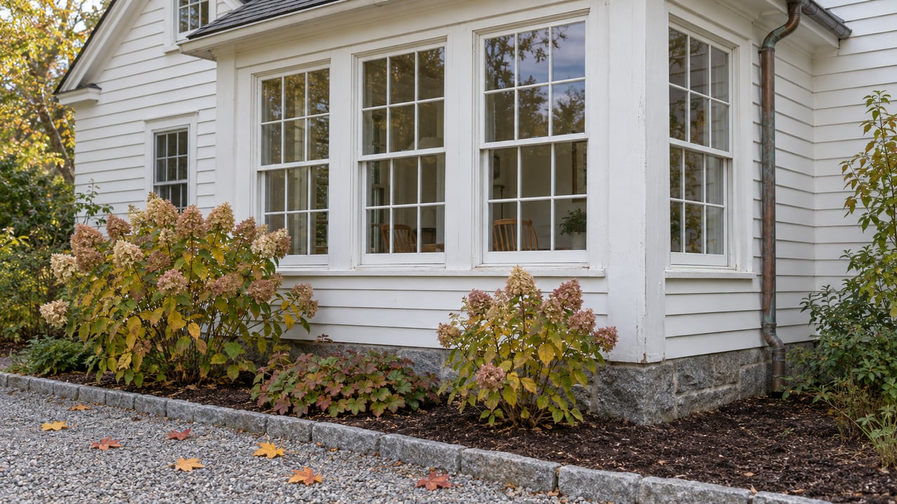 White clapboard sunroom with divided-light windows, granite foundation and autumn hydrangeas beside a gravel path.