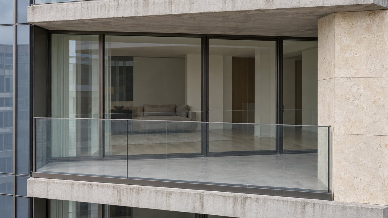 Condominium loggia with bronze-framed sliding glass doors, limestone pier, and glass balcony guard.