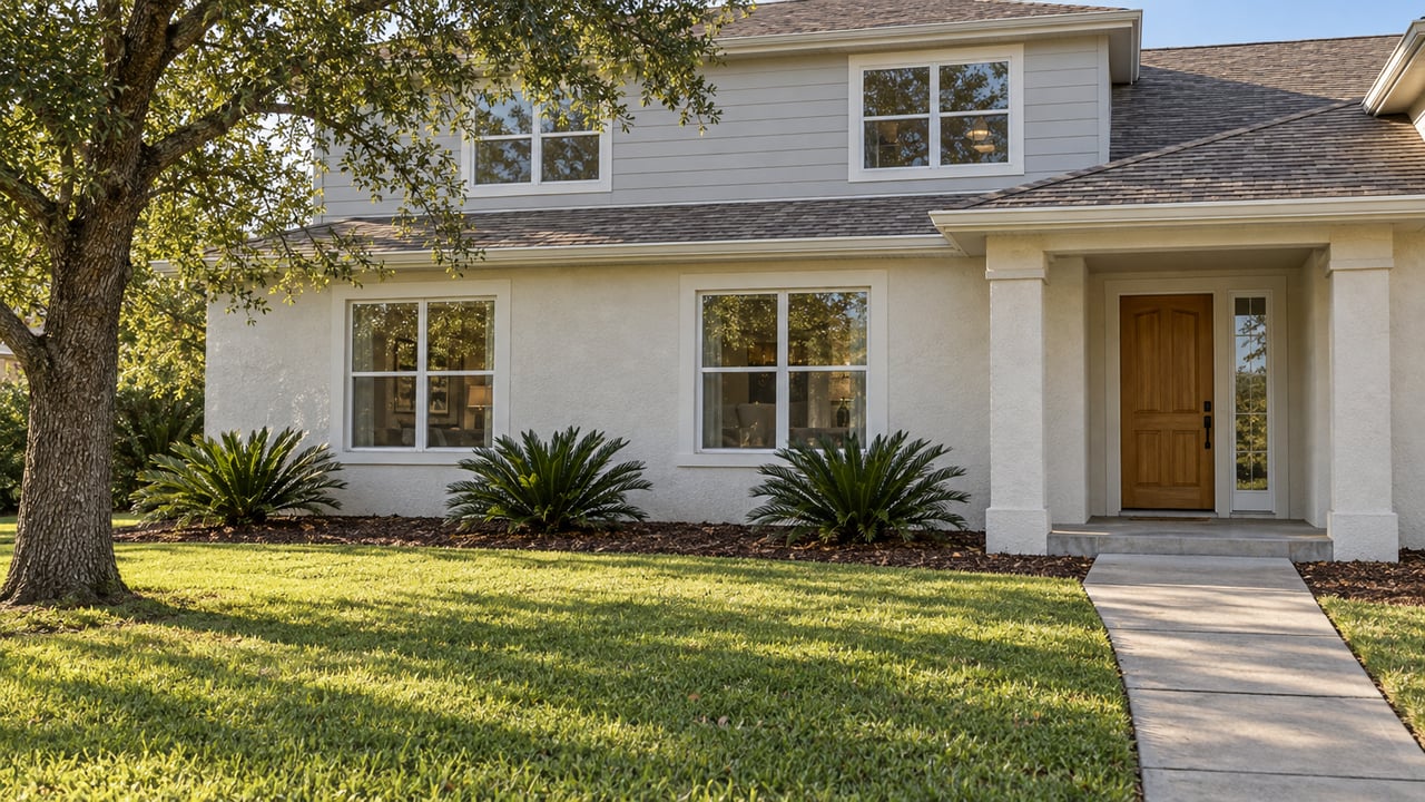 Late-afternoon light on a stucco-and-siding home with a deep green lawn, recessed entry and spreading oak.