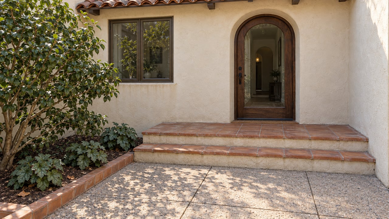 Cream stucco residential entrance with an arched glass door, terracotta steps and a camellia beside a paved courtyard.