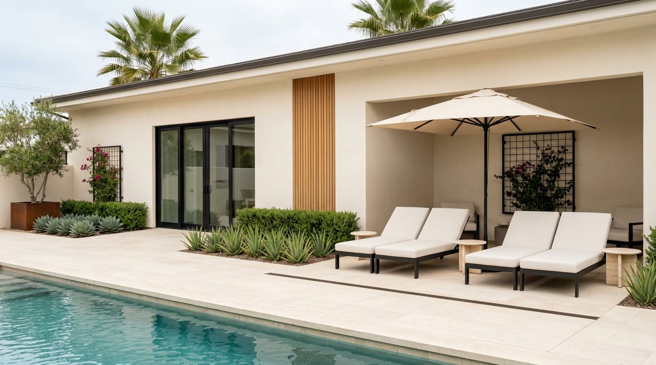 Courtyard pool beside a warm-white stucco clubhouse with black-framed windows and drought-tolerant plantings.