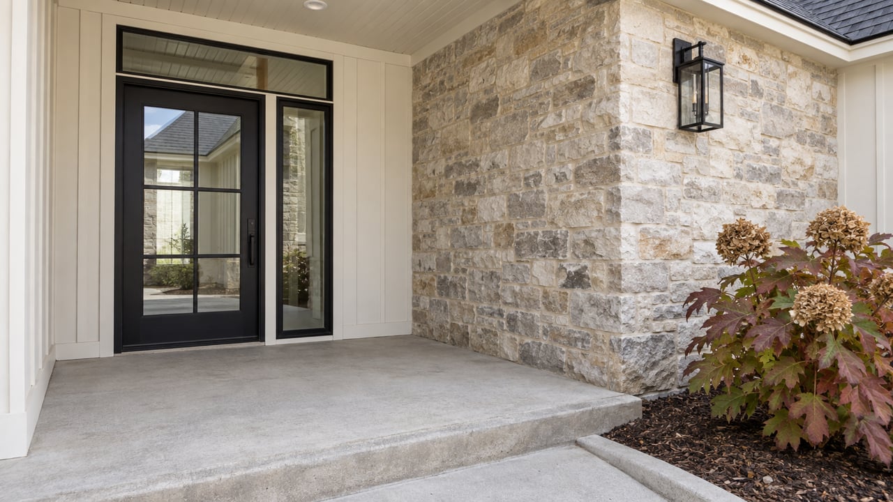 Covered front entry with black glazed door, white vertical siding, cream-gray stone wall and an oakleaf hydrangea beside the concrete landing.