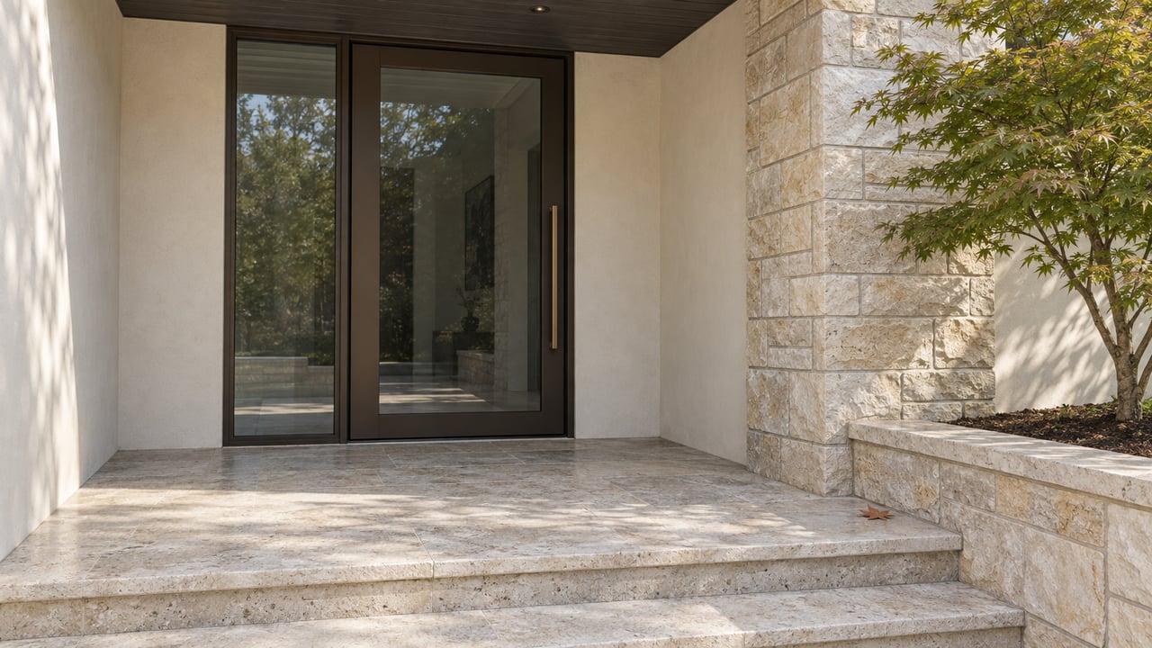 Recessed glazed residential entrance framed by warm stucco and limestone, with broad stone steps and a single Japanese maple.