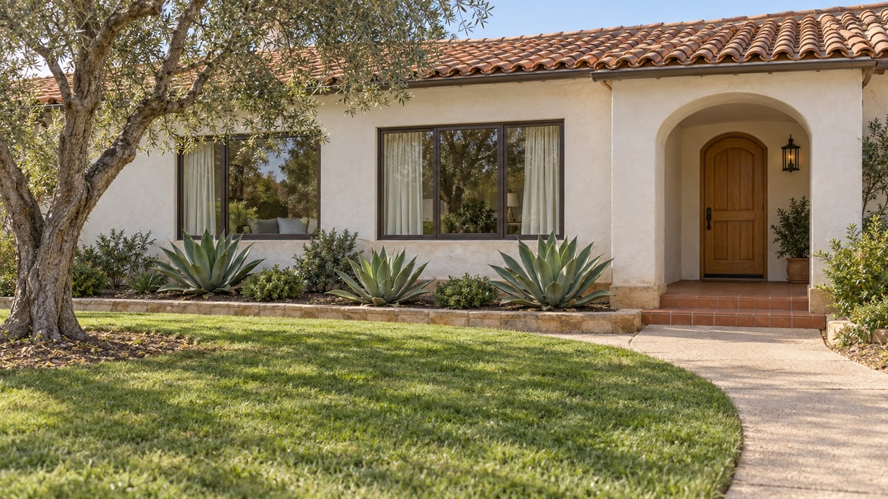 Sunlit white stucco home with a clay-tile roof, recessed arched entry, olive tree and lawn beside a curved concrete approach.