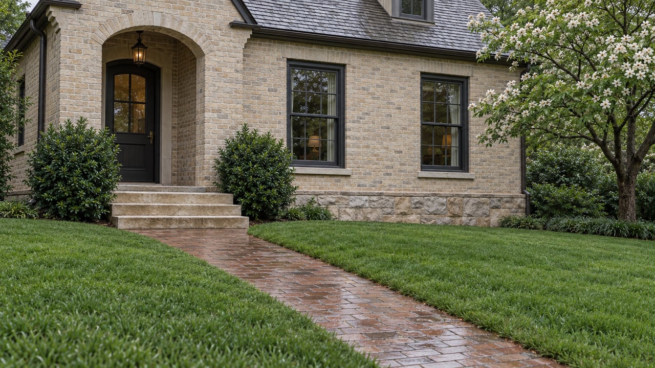 Buff brick house with a stone-arched entry, limestone steps, and a wet lawn sloping toward the camera.