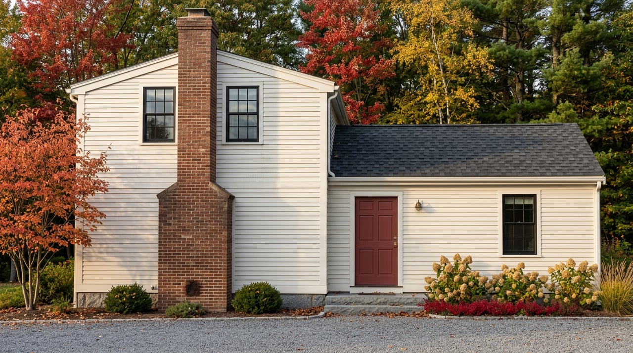 Off-white clapboard ell with a red mudroom door, brick chimney, and parchment hydrangeas beneath autumn canopy.