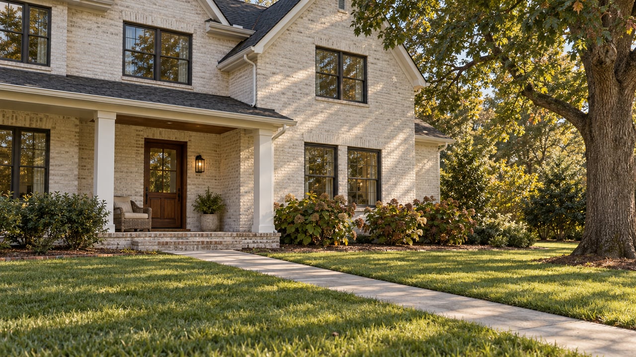 Ivory painted-brick home with gabled roofs, a covered front porch and a broad lawn shaded by a mature oak.