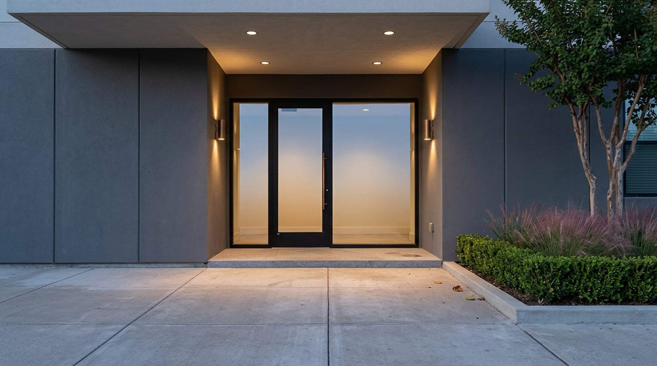 Recessed glass entry framed by charcoal stucco, warm sconces, and a planter of flowering grasses.