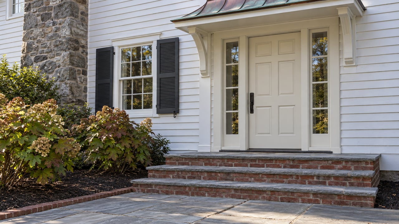 White clapboard home with a paneled entry door, paired sidelights, worn brick steps, bluestone paving, and oakleaf hydrangeas in autumn light.