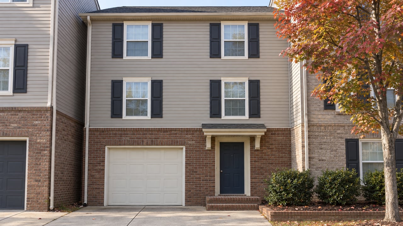 Three-story gray-sided attached home with a brick ground floor, cream garage door, blue entrance door and small autumn planting bed.