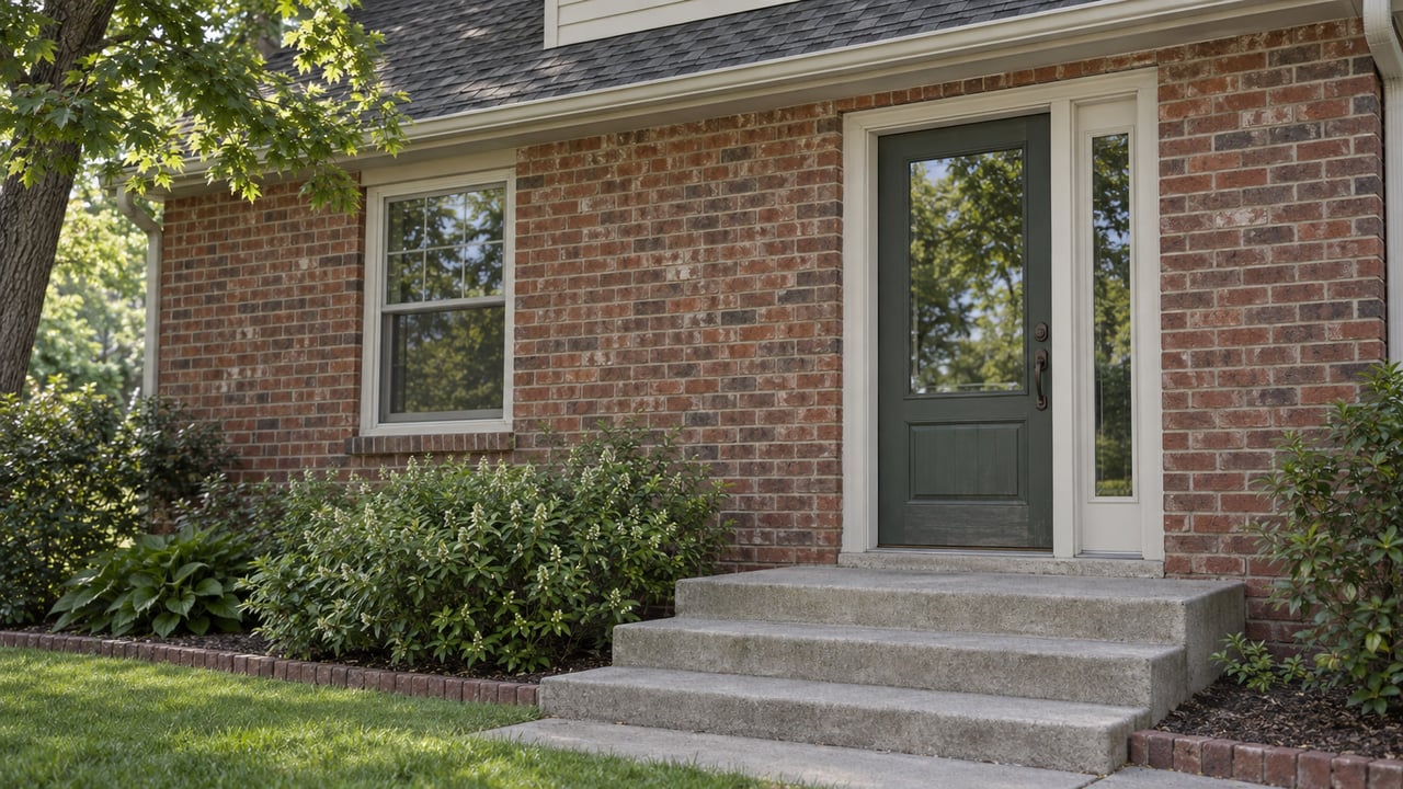 Brick house entrance with a glazed front door, narrow sidelight, concrete steps, and an oak canopy.