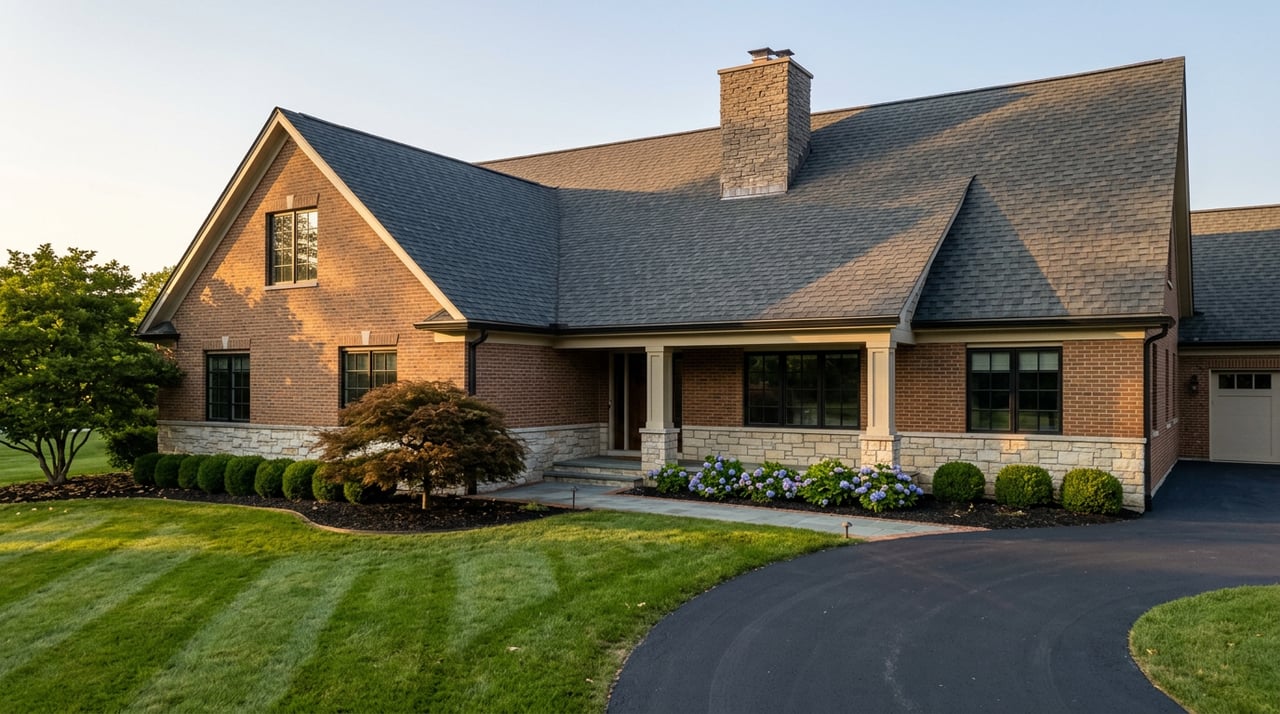 Brick-and-stone suburban home with steep gables, a covered entry, and a mature oak shading the lawn.