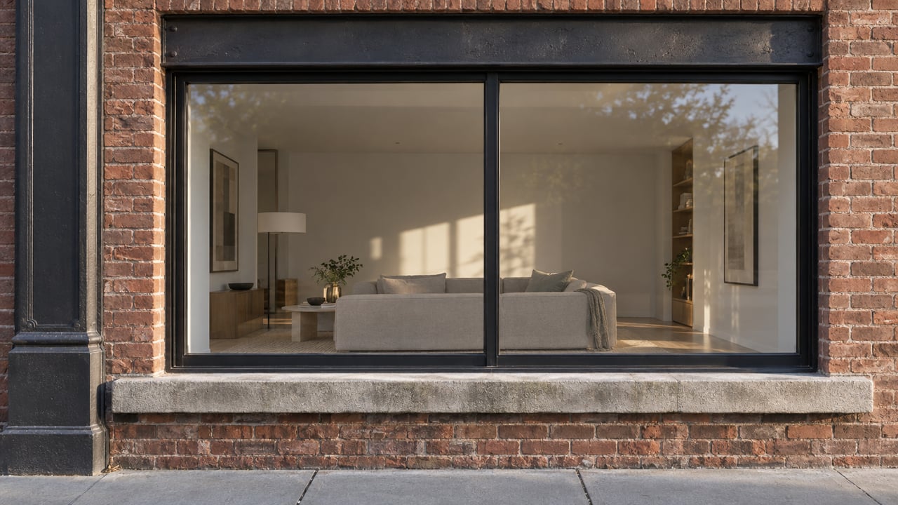 Morning light grazes a brick residential facade with a black iron pier and steel-framed window revealing a pale oak-floored living room.