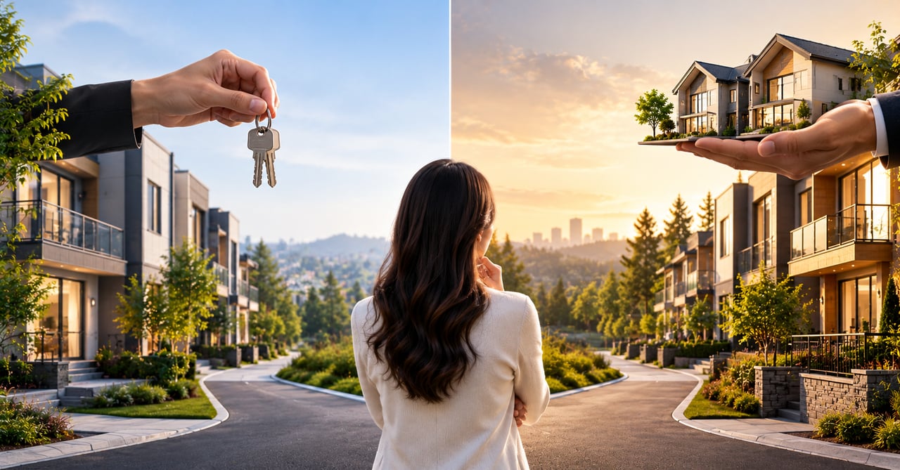 Woman considers a home as hands offer keys and present a miniature modern house.