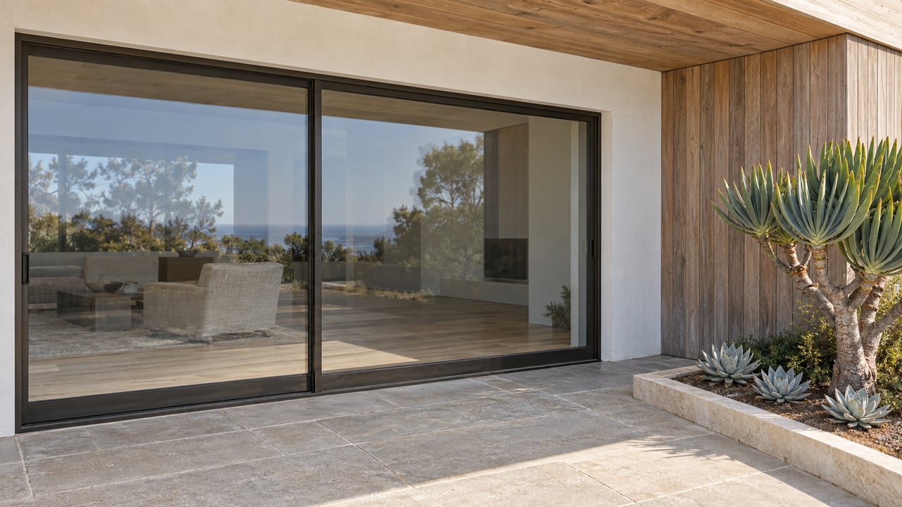 A timber-covered residential terrace with bronze-framed glass doors, pale limestone paving and sculptural succulents in a raised-edge planting bed.