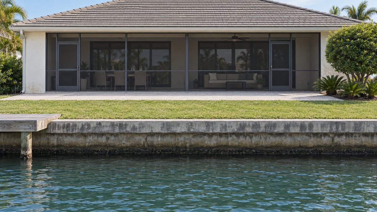 Canal-side house with screened lanai, shell-paved terrace, small lawn, and timber landing above the water.