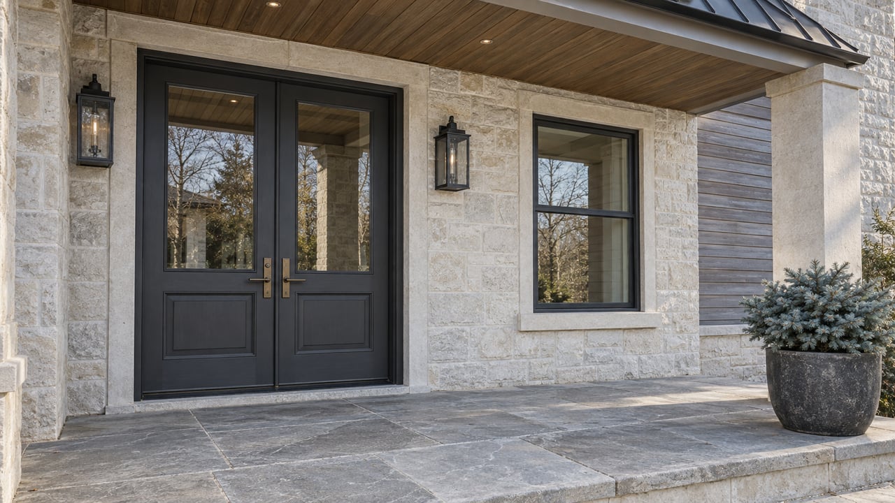 Covered entry with charcoal double doors, pale limestone walls, sandstone paving and a compact blue spruce in a charcoal planter.