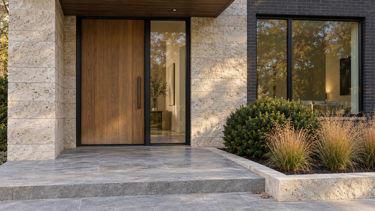 Close view of an oak entry door beneath a dark timber canopy, with buff limestone, charcoal brick, gray stone steps and copper-colored ornamental grasses.