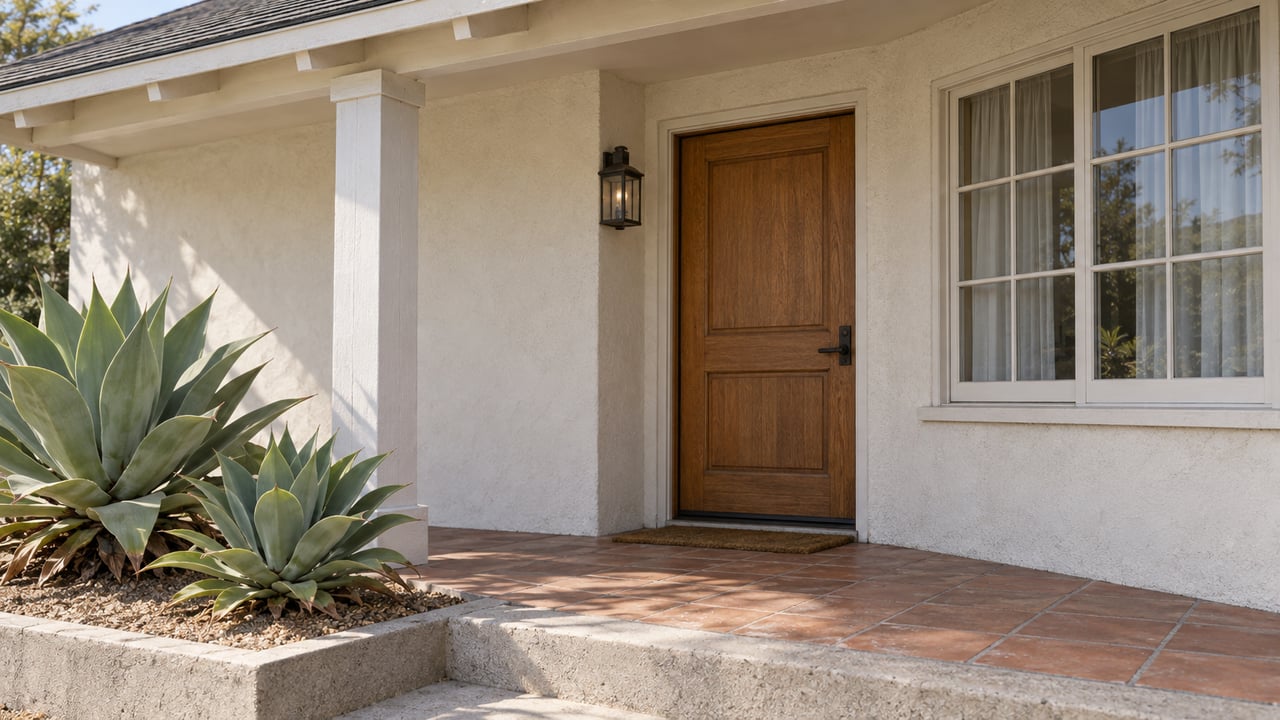 Covered entry porch with an oak door, divided-light window, terracotta tile and two sculptural agaves in a bordered planting bed.
