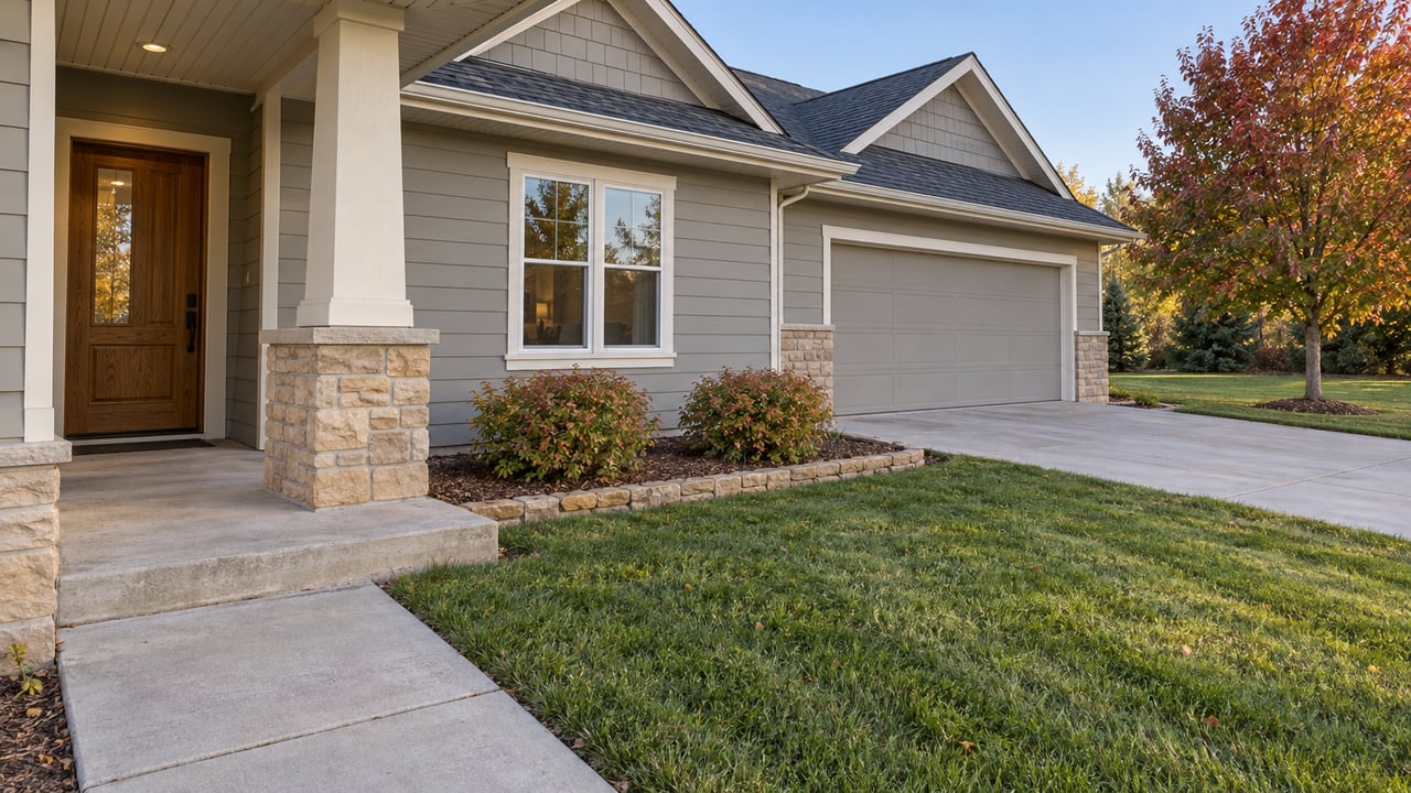 Covered porch overlooking a gray lap-sided home with sandstone accents, a broad garage driveway and an autumn lawn.