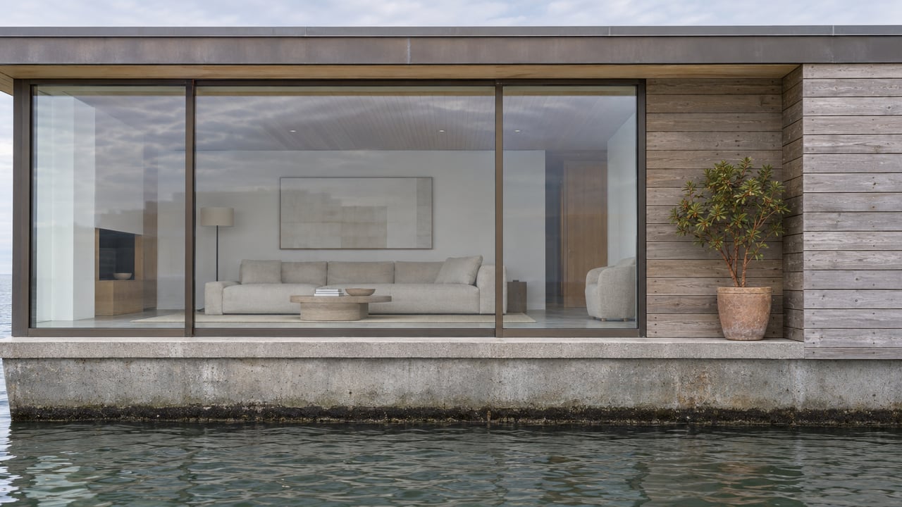 Contemporary floating home with cedar siding, bronze-framed glazing and a stained concrete flotation base above gently rippling water.