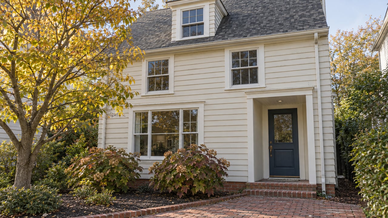 Ivory clapboard house with a dark blue recessed front door, weathered brick approach, and autumn redbud and oakleaf hydrangeas.