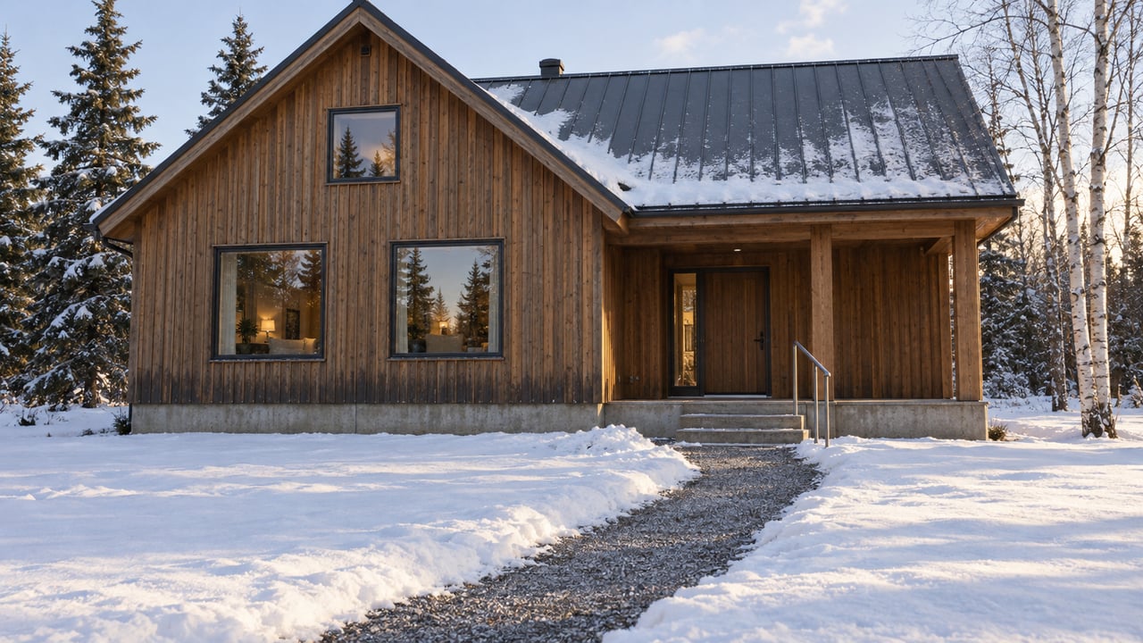 Timber-clad home with a steep metal roof, enclosed windows and a cleared gravel approach across a snowy wooded yard.