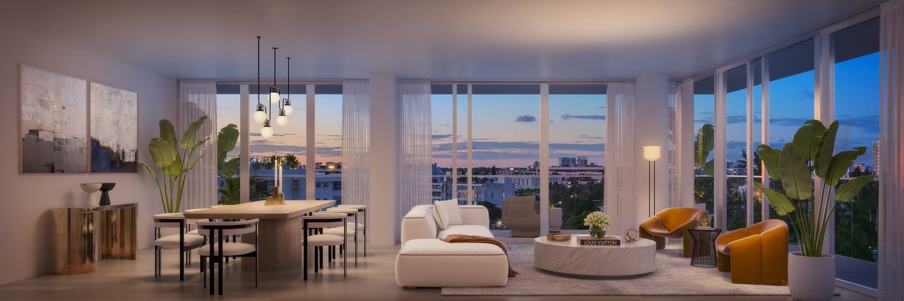 Rendering of residence 512 living room at La Baia South in Bay Harbor Islands.