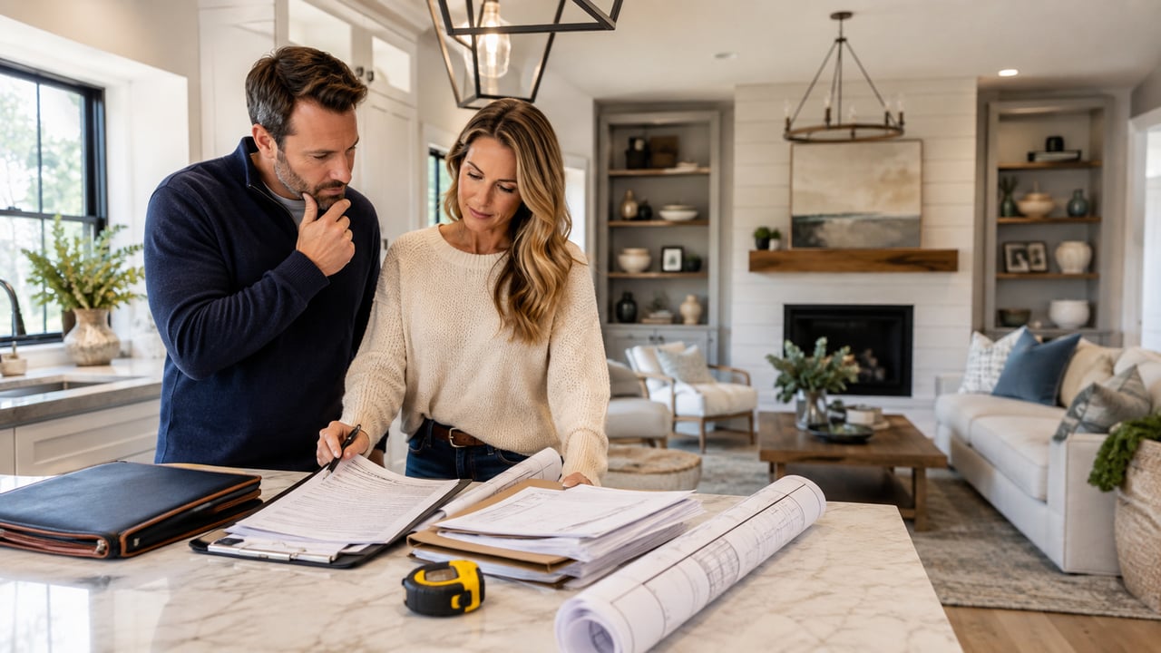 Homeowners reviewing renovation plans and permit paperwork in a remodeled home before selling.