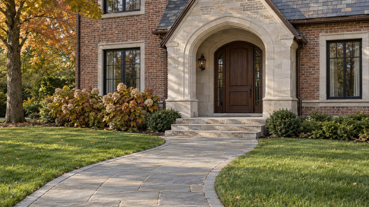 Red-brick home with an arched limestone entrance, walnut door, curved stone walk, and autumn planting.