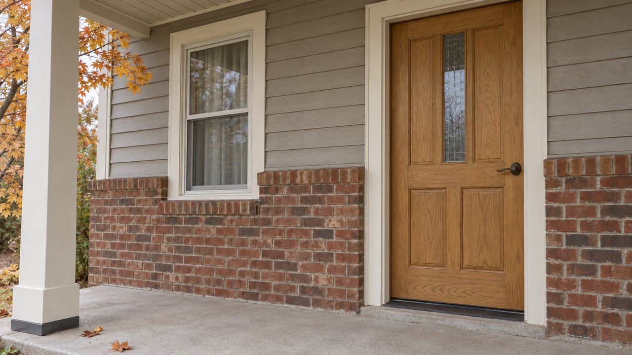 Covered front porch with weathered brick, pale lap siding, a closed oak door, and an amber maple branch.