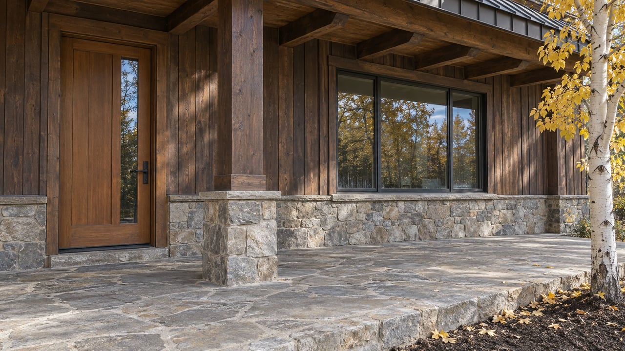 Covered wood-and-stone home entrance with a dark-framed window, broad stone landing, and golden aspen beside a raised stone curb.