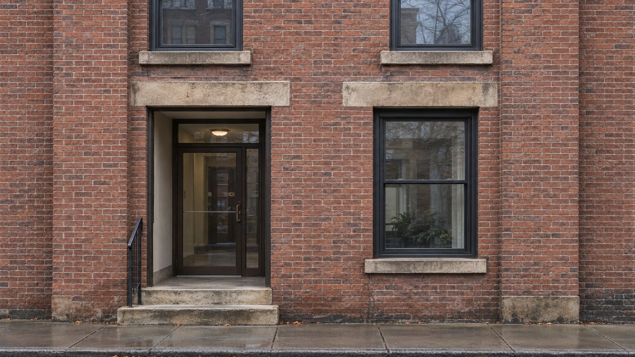 Three-story red-brown brick facade with a recessed glass entry, sash windows, limestone stoop, and metal handrail.