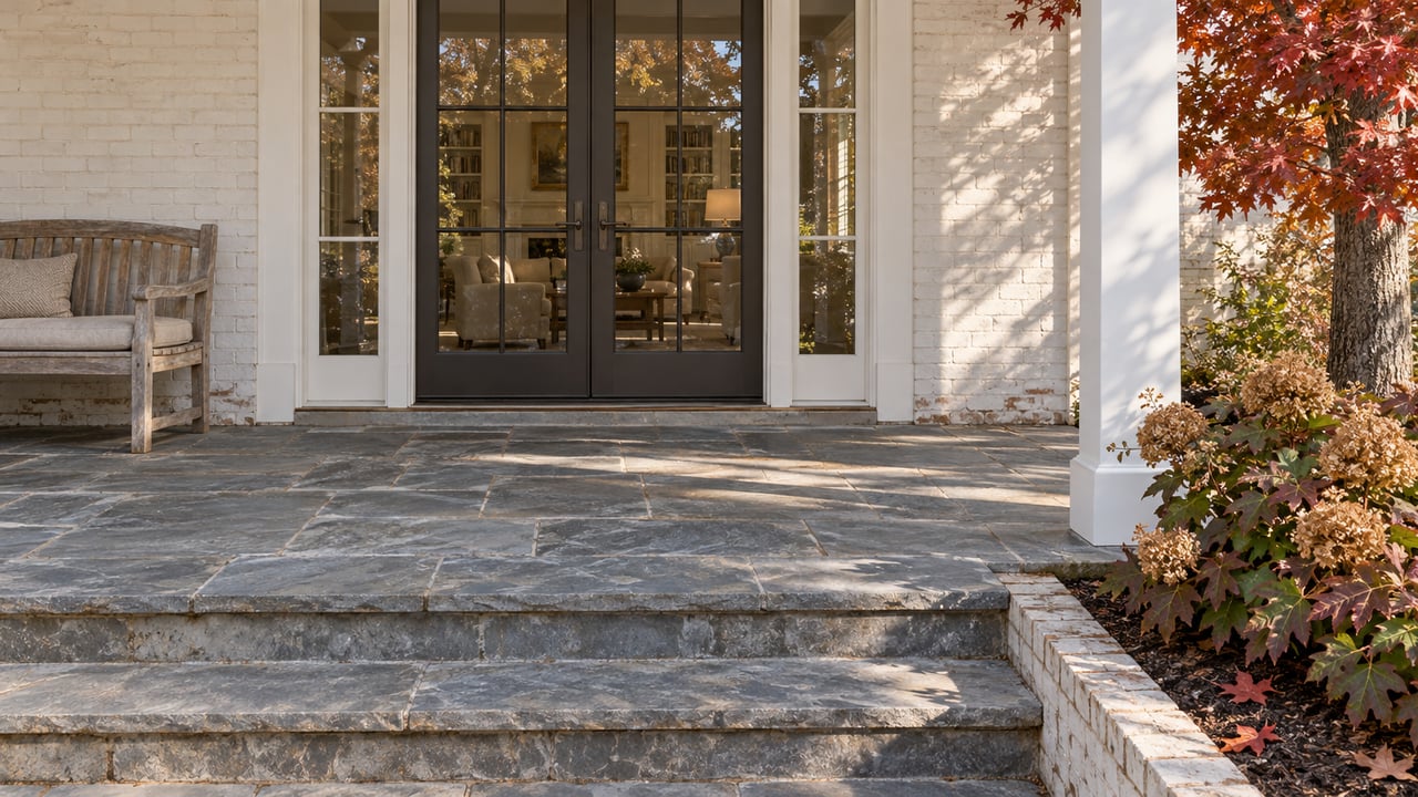 White painted brick home with glazed double doors, weathered teak bench and blue-gray stone porch steps beside autumn oakleaf hydrangeas.