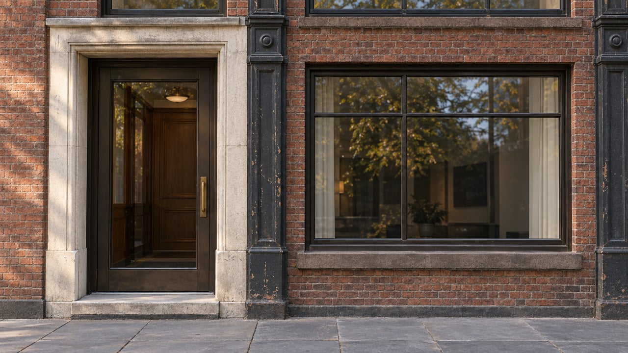 Recessed bronze-framed entry and broad window set in weathered brick, above a raised stone doorstep.