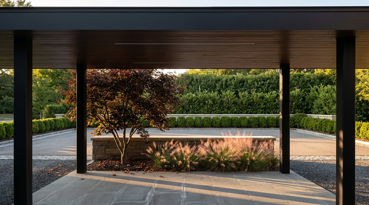 Black steel piers frame a bluestone entry court, with a red Japanese maple and clipped hedge beyond.
