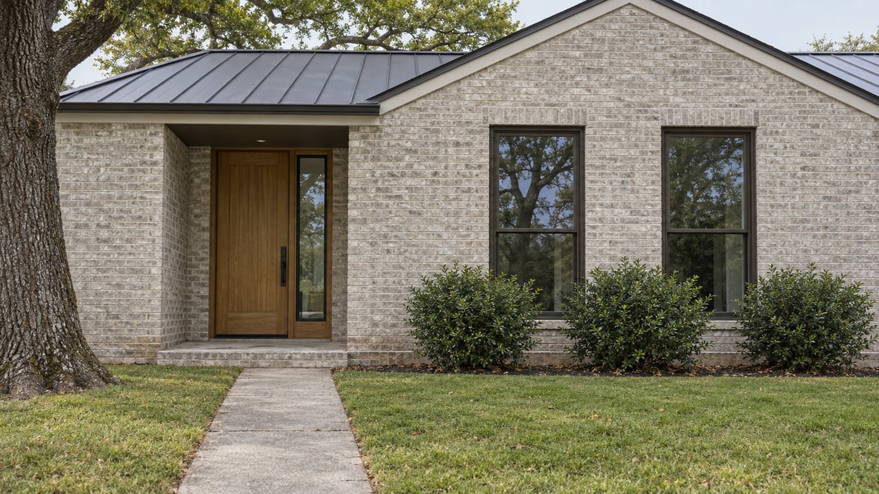 Warm gray brick home with a recessed oak entry, front walkway, lawn, and shrubs beneath two windows.
