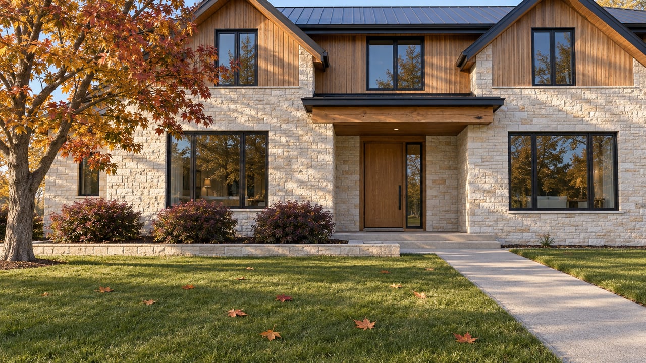 Autumn light across a limestone-and-cedar home, broad front lawn and amber maple canopy.