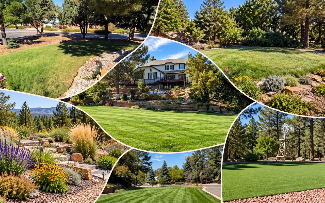 Home surrounded by landscaped lawns, terraced gardens, mature trees, and a decorative windmill.