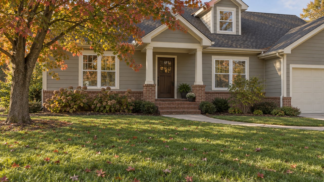Traditional gray-sided home with a brick porch, deep front lawn, and a red maple beginning to turn in autumn afternoon light.